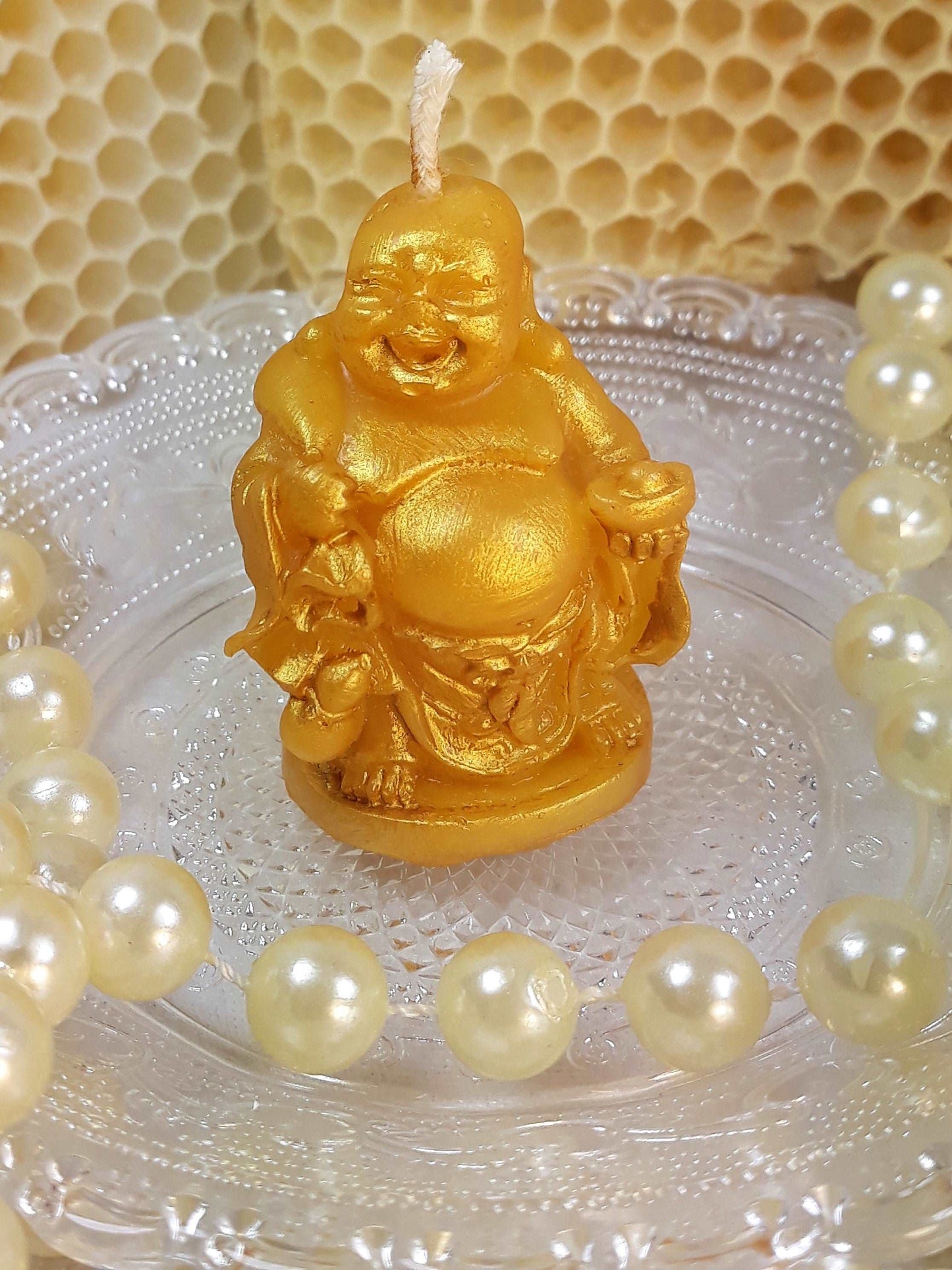 Kleiner, dicker, lachender, goldener Buddha, Bienenwachskerze - Berliner Spezialitäten