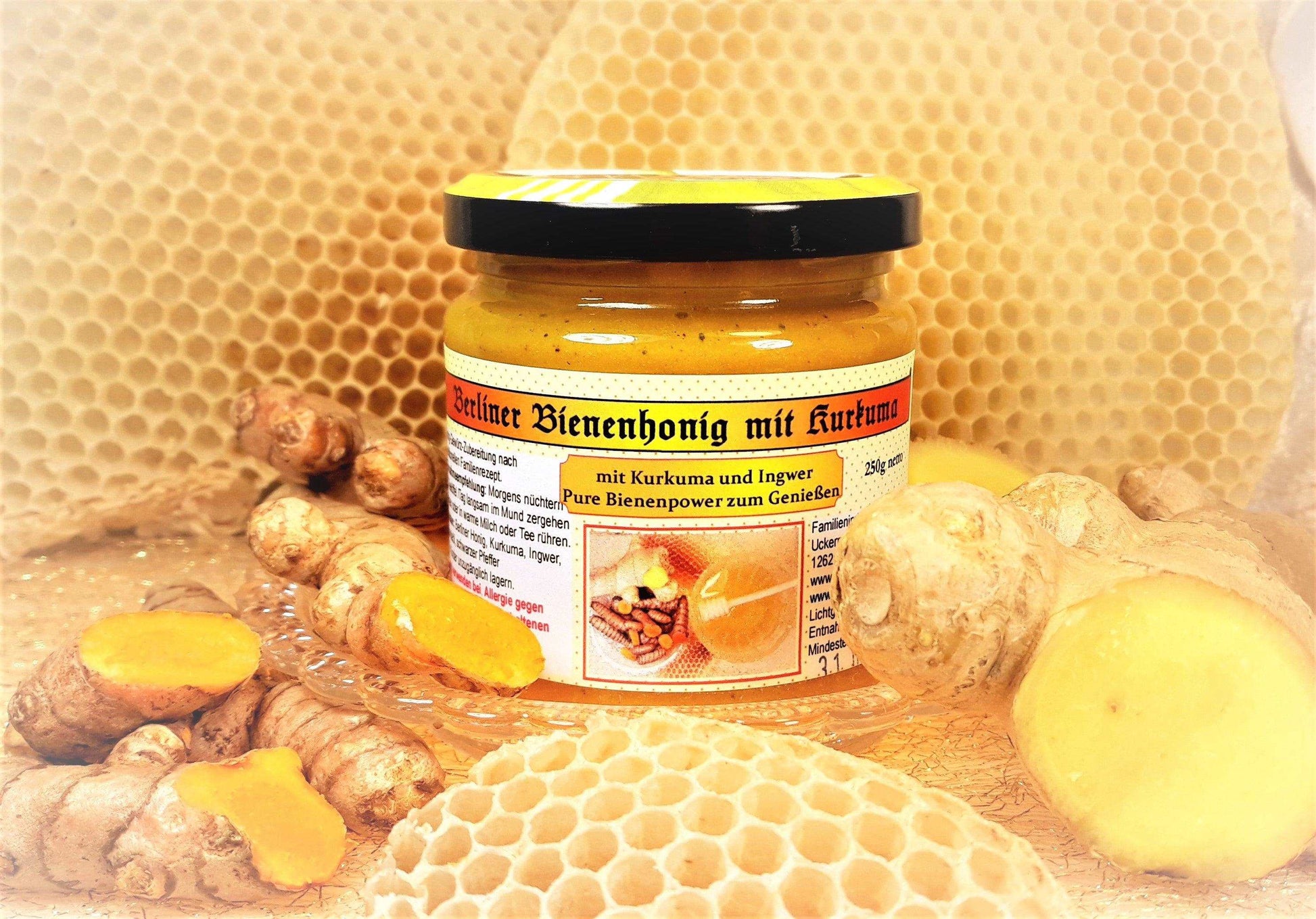 Berliner Honig mit Kurkuma, Ingwer, sw. Pfeffer u. Mandelöl, 250g netto - Berliner Spezialitäten