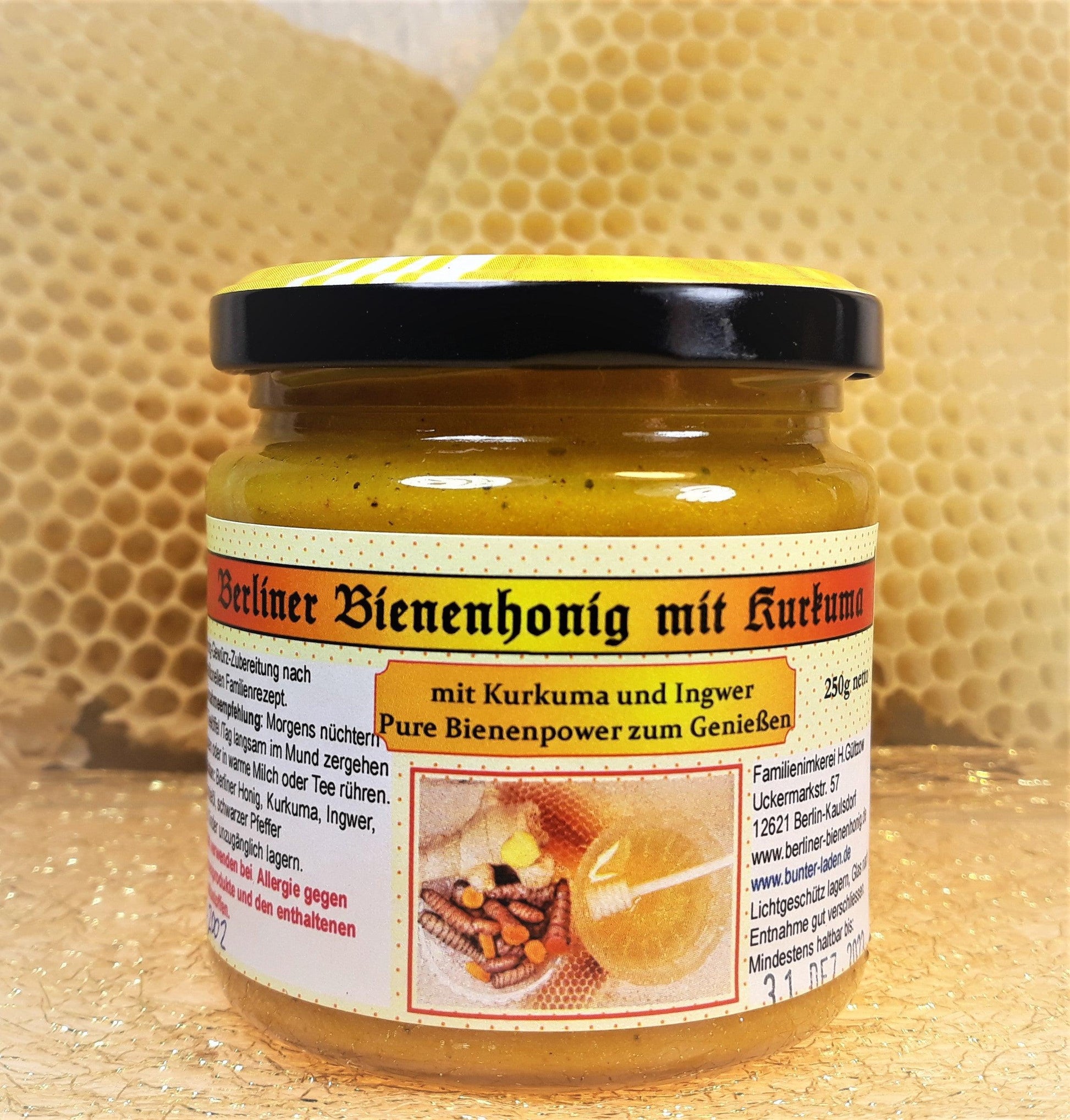 Berliner Honig mit Kurkuma, Ingwer, sw. Pfeffer u. Mandelöl, 250g netto - Berliner Spezialitäten