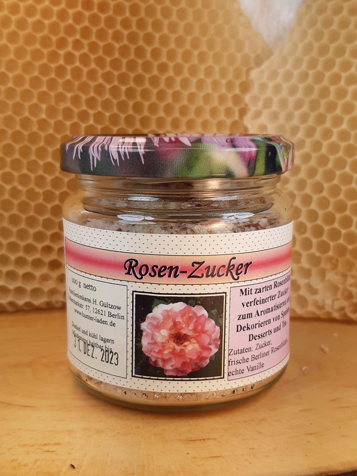 Zucker mit Berliner Rosenblüten, 100g netto, Spezialität m Duftrosenblüten - Berliner Spezialitäten